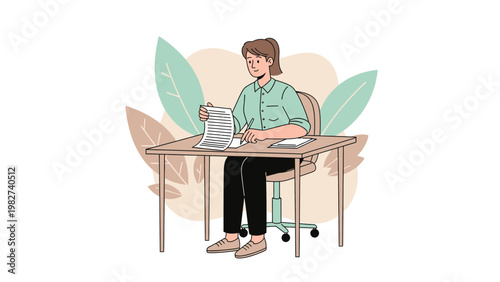 Woman writing at desk with papers and plants, focused work, study, office illustration