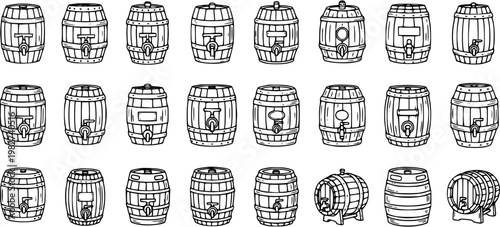 Black and White Line Art Collection of Various Wooden Barrels and Kegs