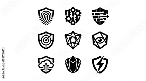 Vector Icon Set of Security Shields and Digital Technology Symbols