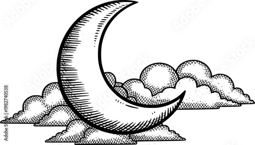 Crescent moon and clouds, hand-drawn in black and white, vintage style night