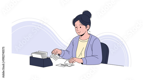 Woman organizing cards at desk, illustration