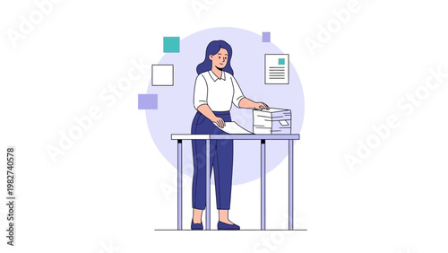 Woman Organizing Paperwork at Desk, Office Workflow, Business Administration
