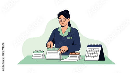 Woman planning and organizing with multiple calendars on desk