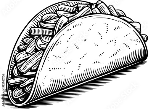 Detailed black and white engraving style taco with fillings white background food
