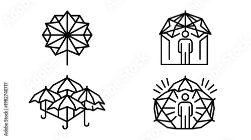 Vector Illustration of Human Figures Under Umbrella and Sun Icon Set in Minimal Line Art Style