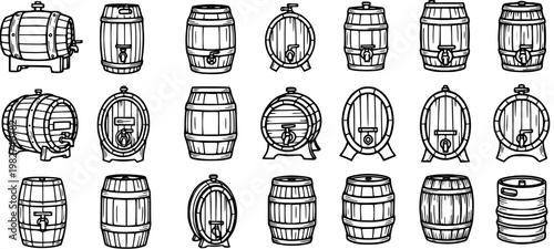 Black and White Line Art of Various Wooden Barrels and Kegs for Beverage Storage and Brewing