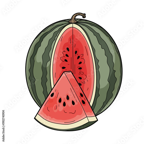 Juicy Watermelon Slice and Whole Fruit Cut Open with Seeds