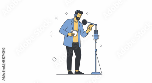 Voice Actor Recording in Studio with Microphone and Headphones, Holding Script