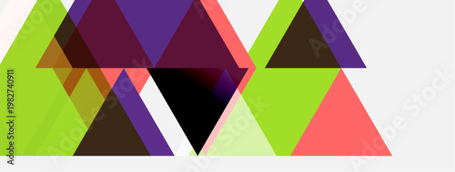 Abstract geometric design. Triangles overlap, creating vibrant color blocks. Minimalist style, modern aesthetic. Bright hues dominate composition.