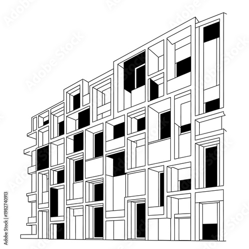 Modern Abstract Building Facade with Geometric Windows and Recessed Areas