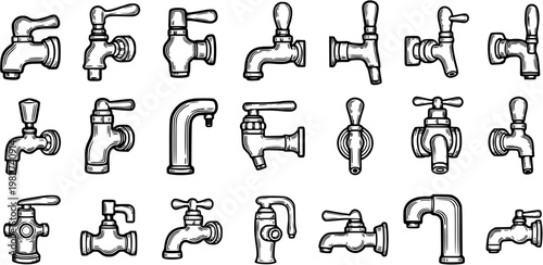 Black and White Line Art Collection of Various Faucets and Taps