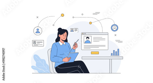 Woman analyzing data and profiles on a computer screen for recruitment or HR