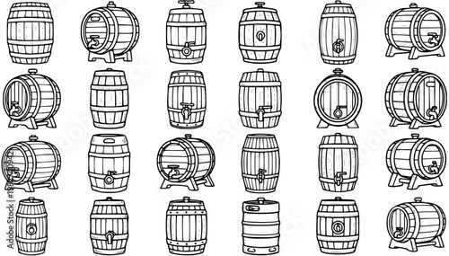 Beverage Barrels, Casks, and Kegs Line Art Set - Hand-Drawn Food  Drink Industry Outline Icons for Brewing  Wine Storage