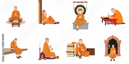 Vector illustration set of Buddhist monks in saffron robes engaged in traditional activities like meditation, prayer, calligraphy, and study.