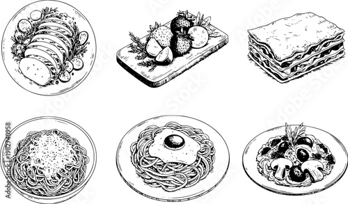 Hand-drawn food sliced chicken, strawberries, lasagna, spaghetti, and mushroom pasta