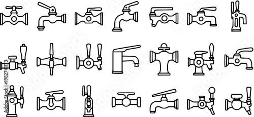 Set of Line Art Icons for Faucets and Taps, Vector Collection for Plumbing and Water Supply