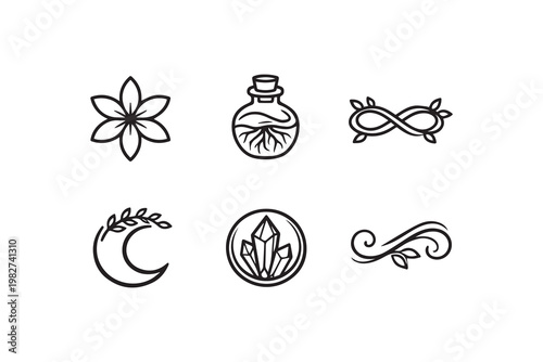 Mystical Nature Symbols Collection Botanical Alchemy Crystal Magic Line Art