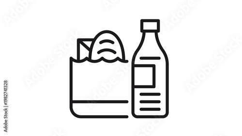 Grocery bag with bread and carton next to a bottle vector icon, minimalist black line art illustration of food shopping essentials, supermarket purchase symbol for web and app design.