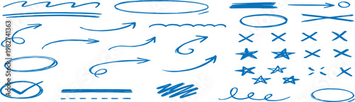 Hand-Drawn Blue Doodle Symbols and Arrows Vector Set