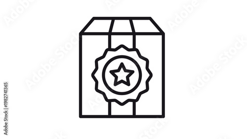 Premium Quality Delivery Box Vector Icon. Minimalist Black Line Illustration of a Cardboard Package with a Star Badge Symbolizing Certified Shipping, Award-Winning Service, and Special Gifts.
