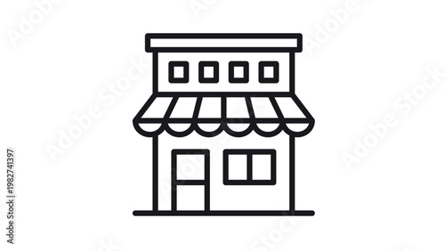 Minimalist black line art vector icon illustration of a small retail shop or boutique store building featuring a striped awning, windows, and a door, isolated on white for business design.