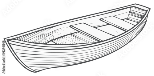 Detailed Line Art Illustration of a Small Wooden Rowboat With Seats Ready for River Adventures
