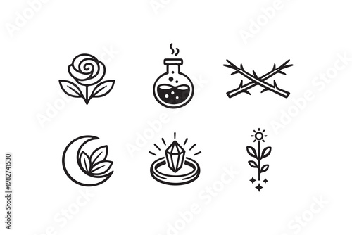 Mystical Symbols Collection Rose Potion Thorns Moon Crystal Botanical Alchemy Set