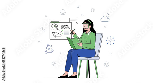 Woman in VR headset plans digital strategy, analyzes data on whiteboard