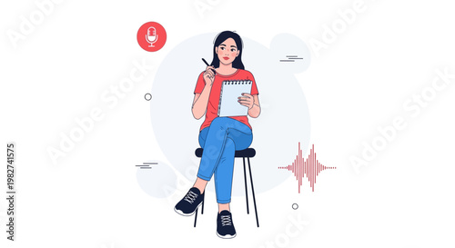 Woman Jotting Notes with Microphone and Soundwave Icons - Podcast Recording Concept