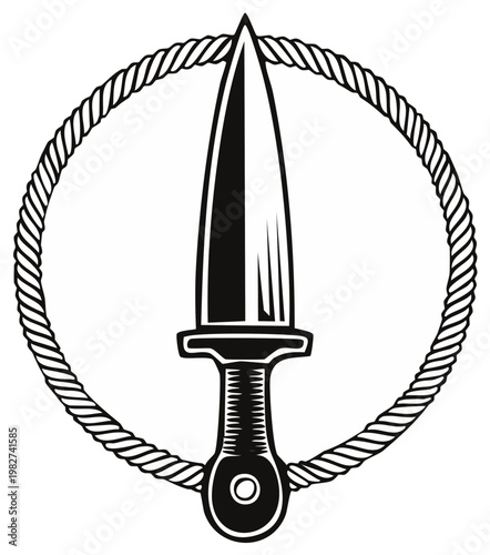 Dagger encircled by rope. Symbolic representation of secrecy. Simple monochrome emblem.