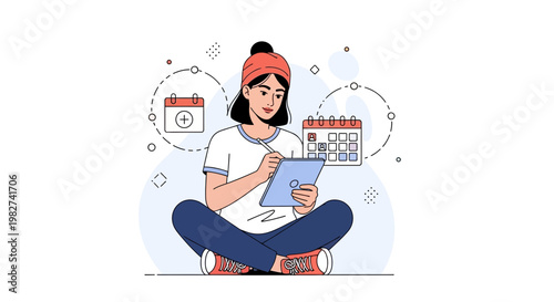 Woman planning schedule on tablet with calendar icons, time management concept