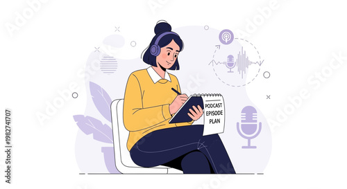 Woman planning podcast episode with headphones and notebook, creative process illustration