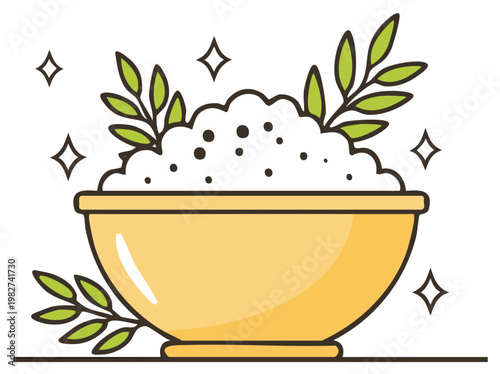 Sparkling fresh bowl of healthy grain or porridge with green leafy sprigs illustration