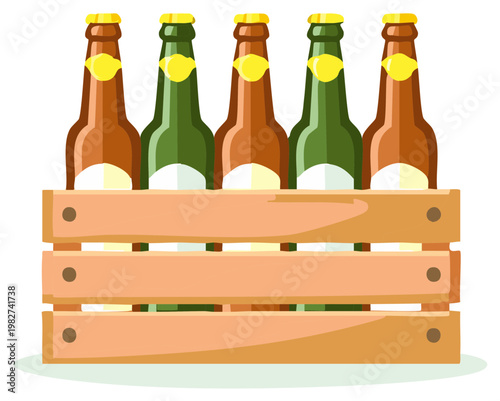 Five glass beer bottles in a rustic wooden crate vector illustration