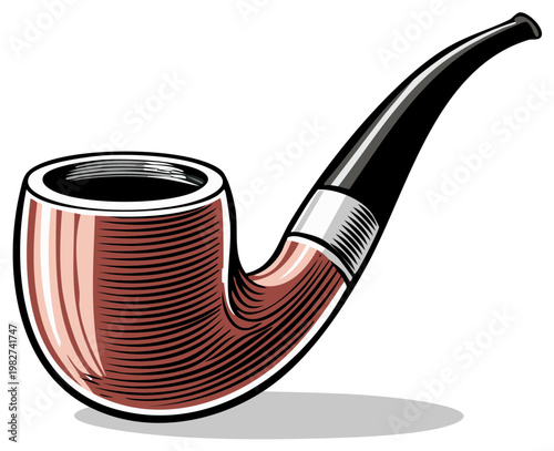 Classic wooden smoking pipe with curved stem and black mouthpiece isolated on white