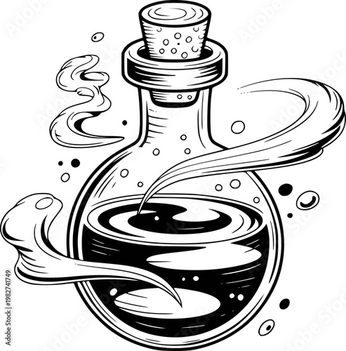 Whimsical potion bottle with cork and swirling smoke, black and white line liquid