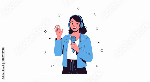 Woman Podcaster with Headphones and Microphone Waving Hello, Illustration