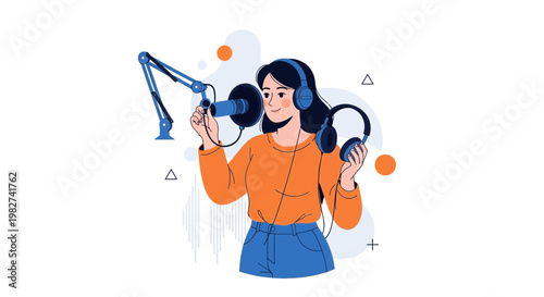 Woman Podcaster Recording Audio with Microphone and Headphones