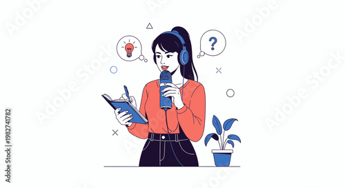Woman podcasting, recording voice, taking notes, brainstorming ideas, asking questions