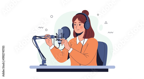 Woman Podcaster with Headphones Recording Audio at Microphone in Studio