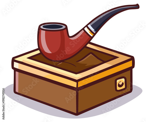 Classic wooden smoking pipe resting on an open box filled with loose tobacco cartoon illustration