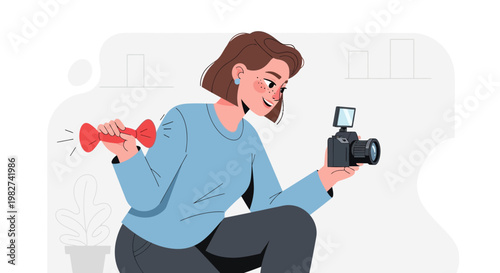 Woman recording fitness vlog with dumbbell and camera, healthy lifestyle concept