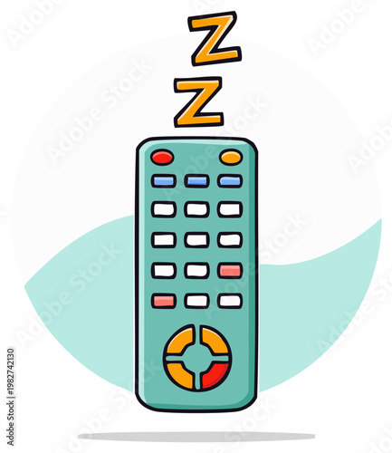 Cartoon television remote control in sleep mode. Funny illustration of an inactive electronic device.