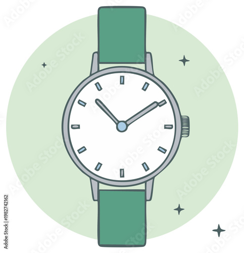 Analog wristwatch with green band wrist accessories time measurement illustration