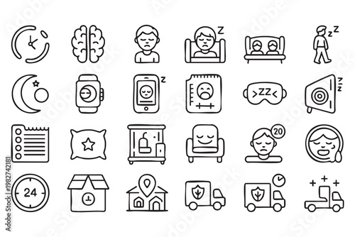 Bedtime and Relaxation Icons Featuring Sleep Tracking and Wellness