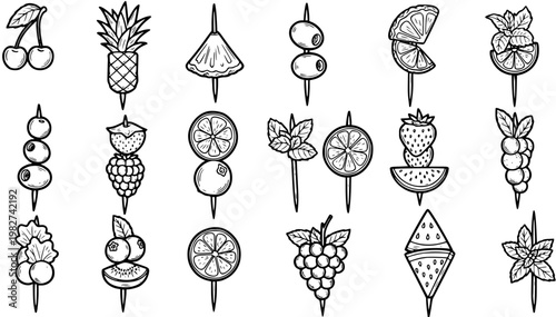 Black and White Line Art Food Skewers: Fruits, Berries, Olives, Pineapple, Watermelon, Mint