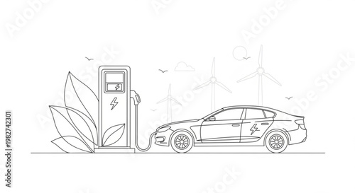 Clean Energy Transportation Electric Vehicle Charging at a Sustainable Station with Wind Turbines in the Background, Highlighting Green Mobility and Environmental Responsibility