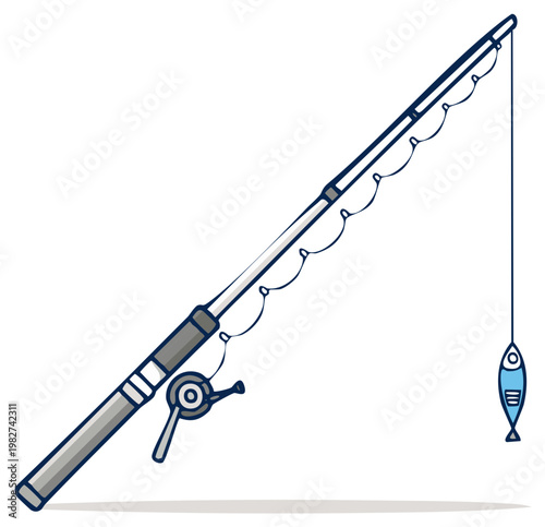 Cartoon fishing rod and reel with a small fish caught on the hook line