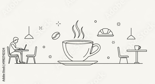 Modern line art illustration of a person working remotely in a cozy cafe setting, highlighting the blend of productivity and relaxation with a prominent coffee cup