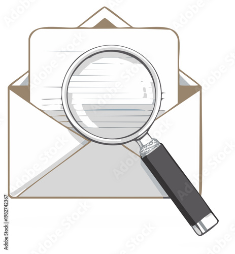 Magnifying glass examines envelope with document detail